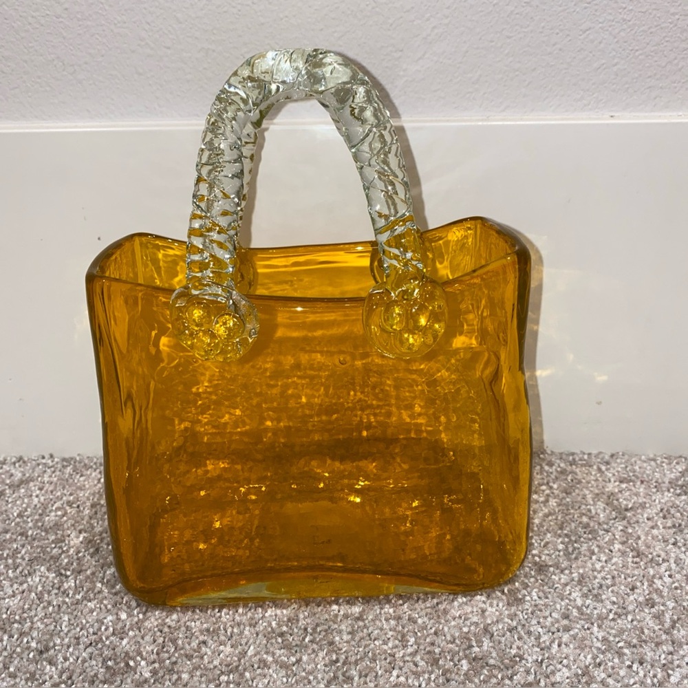 Murano ?‎ Style Vintage Hand Blown Art Glass Purse Vase Amber